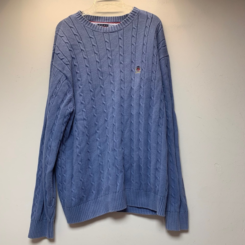Tommy Hilfiger Sweater Mens XL Blue Excellent Cable Knit Cotton Pullover